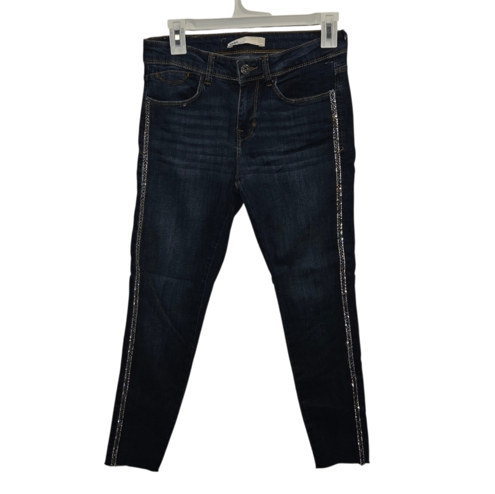 Zara dark wash gemstone tuxedo trim stretch denim sz 4 cigar cut